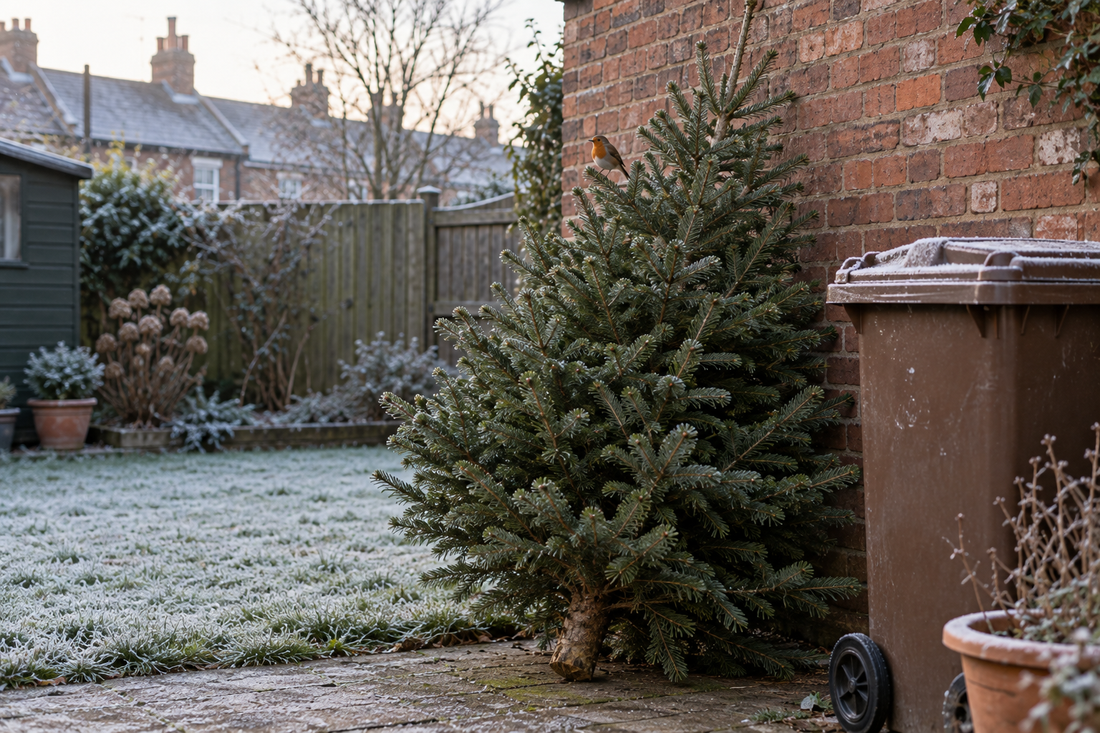 Undecorated Christmas tree in a back garden next to a garden waste bin, ready for recycling