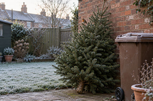 Undecorated Christmas tree in a back garden next to a garden waste bin, ready for recycling