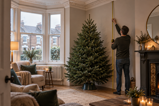 Measuring the ceiling height in a Victorian living room before choosing a Christmas tree