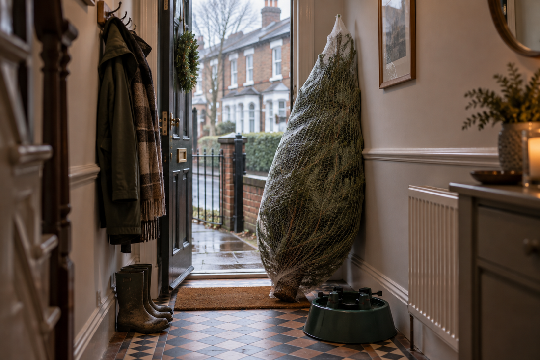 Netted real Christmas tree just delivered, inside the front door of a terraced house