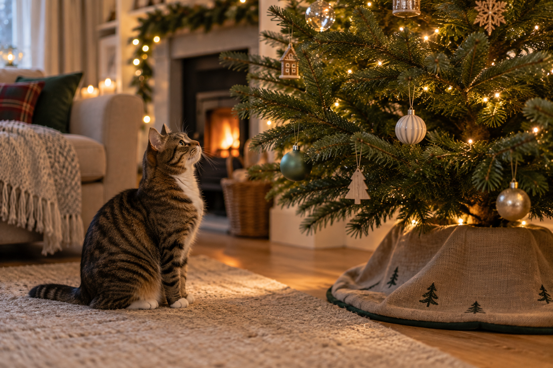 Cat sitting beside a decorated real Christmas tree with shatterproof baubles on the lower branches